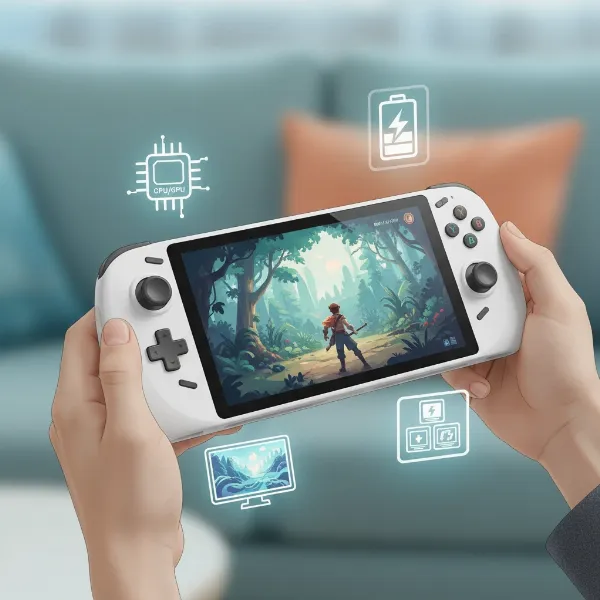 A person's hands holding a modern handheld game console, with various icons representing different buying factors like CPU, screen, battery, and game library floating around, illustrative style, overhead shot, bright lighting