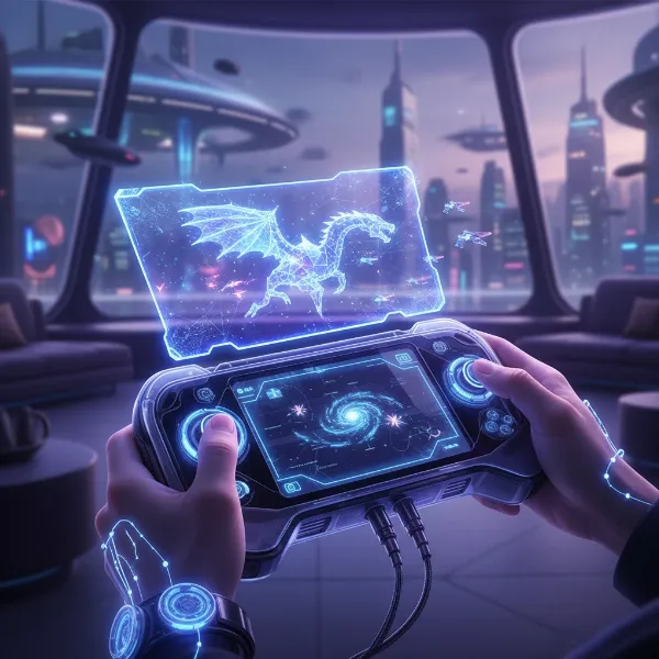 A futuristic concept image representing the evolution and potential of portable gaming, possibly incorporating AI or advanced display technologies.