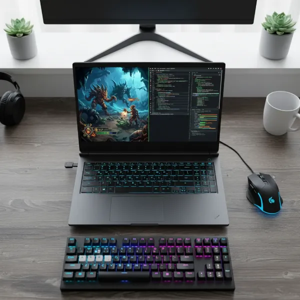 A gaming laptop open on a desk, displaying both a game and productivity applications, surrounded by a mouse and keyboard.