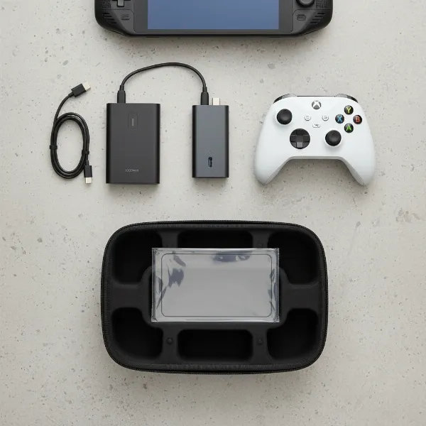 A collection of essential handheld gaming accessories including a portable dock, power bank, external controller, and carrying case, laid out neatly beside a handheld console, editorial style, flat lay shot, clean lighting
