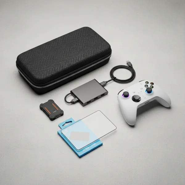 Various essential accessories for handheld gaming consoles neatly arranged