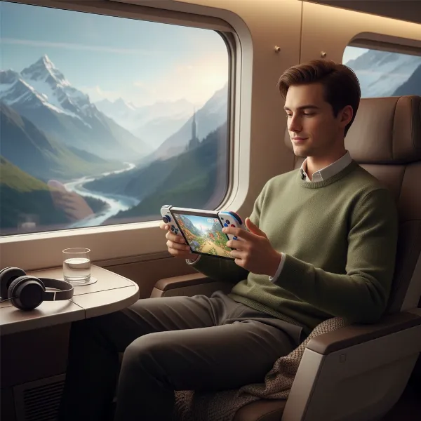 A person happily gaming on a handheld console while comfortably seated in a train or airplane, highlighting ease of use.