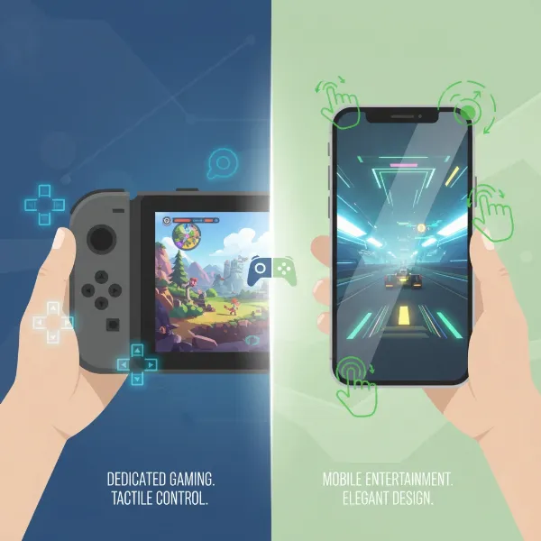 Conceptual split image illustrating the key differences between a handheld game console and a smartphone for gaming.
