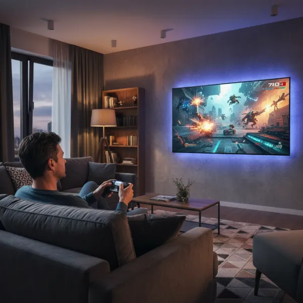 A modern living room with a person playing a home console game on a large TV, emphasizing immersion and dedicated setup.