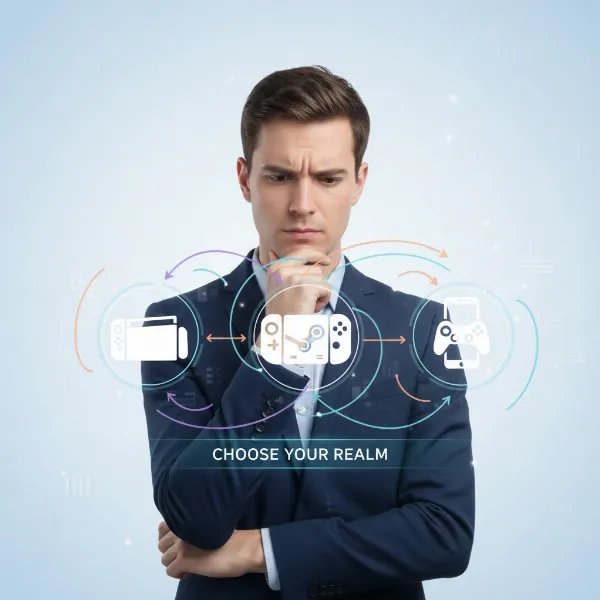 A person evaluating various portable gaming devices, symbolizing the decision-making process for choosing a suitable device.
