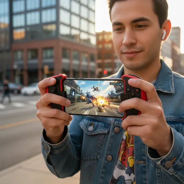A user gaming on a modern smartphone with an attached clip-on controller, demonstrating enhanced mobile gaming experience.