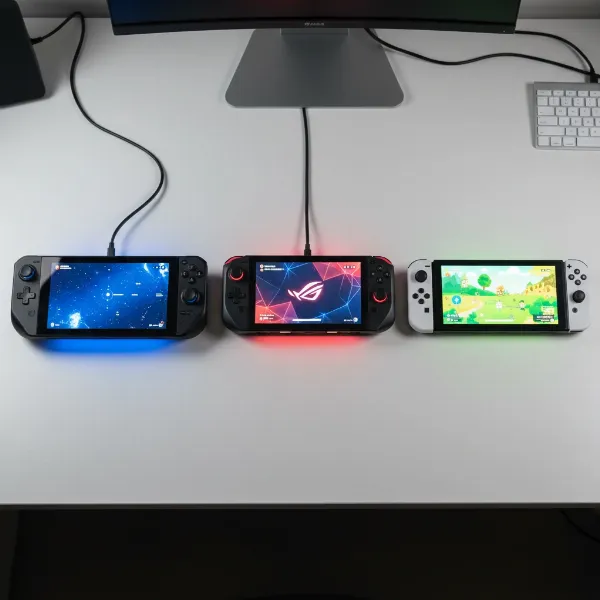 Selection of best handheld gaming consoles for 2026 on a modern desk setup