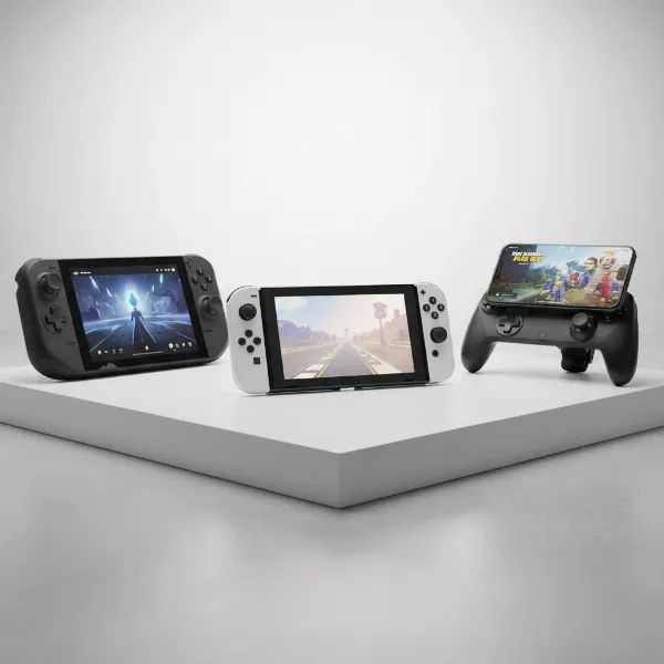A curated collection of the best handheld game consoles and a smartphone with a controller, showcasing leading portable gaming options.